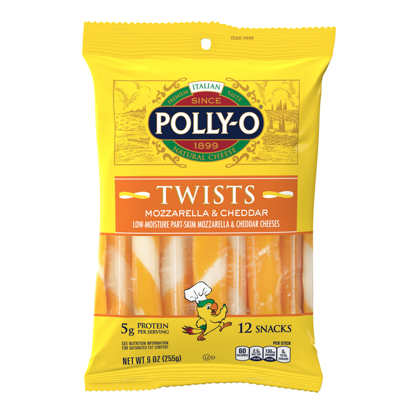 Dairy Favorites Polly-O Twists String Cheese Mozzarella & Cheddar Cheese Snacks hero