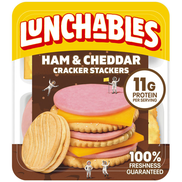 Lunch Meat Lunchables Ham & Cheddar Cheese Cracker Stackers Snack Kit Kids Lunch with Vanilla Cookies hero