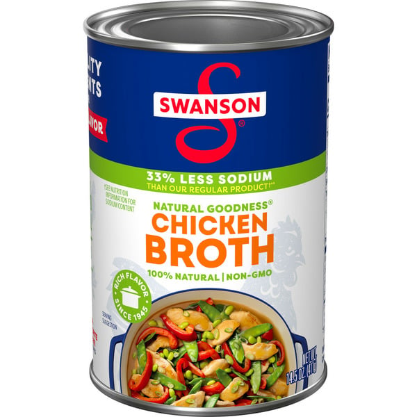 Holiday Items Swanson's 100% Natural, 33% Less Sodium Chicken Broth hero