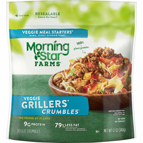 Frozen Meat & Seafood Morning Star Farms Veggie Meal Starters Crumbles, Vegan, Grillers Original hero