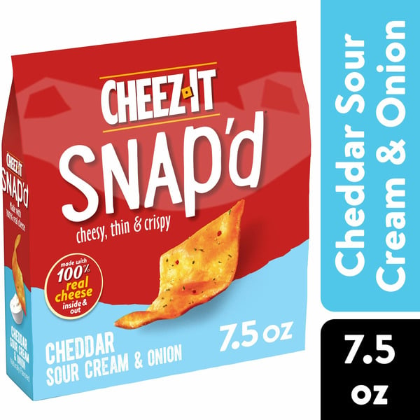 Crackers Cheez-It Snap'd Cheese Cracker Chips, Thin Crisps, Lunch Snacks, Cheddar Sour Cream and Onion hero