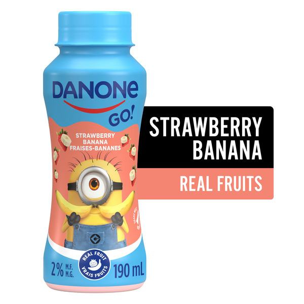 Yogurt Danone Go ! Drinkable Yogurt, Strawberry Banana Flavour, Made With Real Fruit, 2% M.F. hero