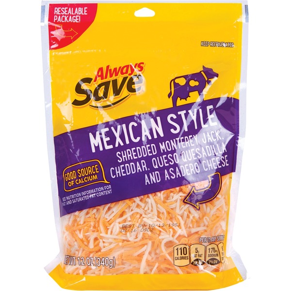 Packaged Cheese Always Save Shredded Mexican Style Monterey Jack, Cheddar, Queso Quesadilla And Asadero Cheese hero