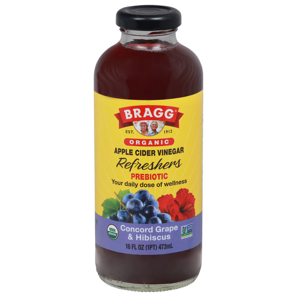 Juice & Nectars Bragg Apple Cider Vinegar, Organic, Concord Grape & Hibiscus, Prebiotic hero