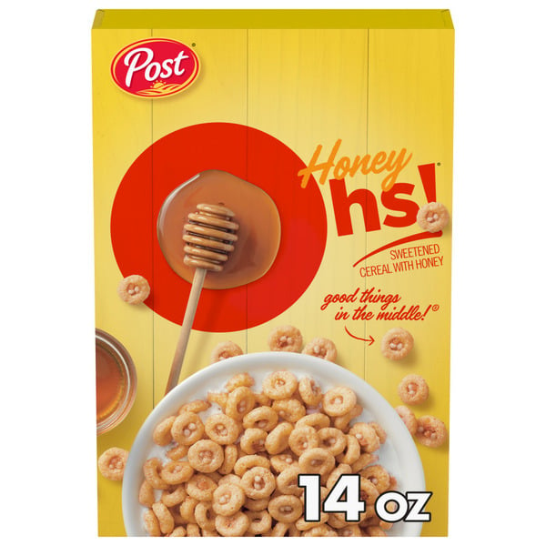 Post Honey Ohs Breakfast Cereal, Sweetened Corn Cereal, Small size box hero