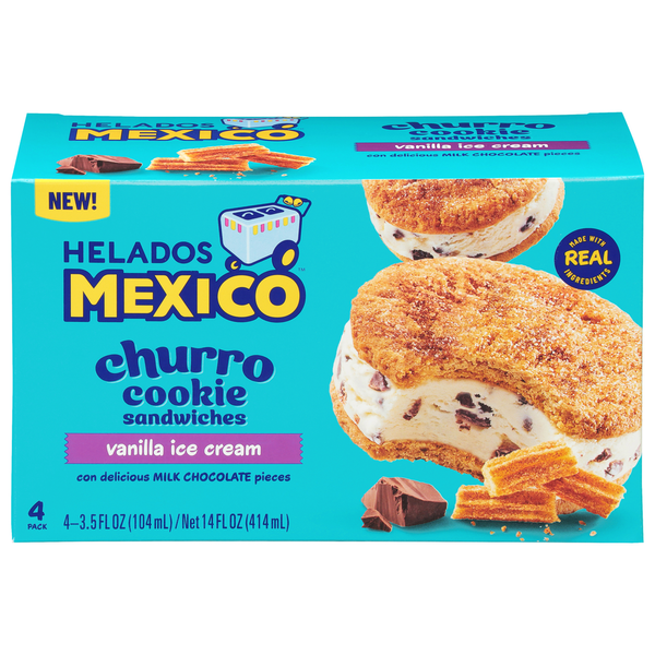 Bakery Desserts Helados Mexico Churro Cookie Sandwiches, Vanilla Ice Cream, 4 Pack hero