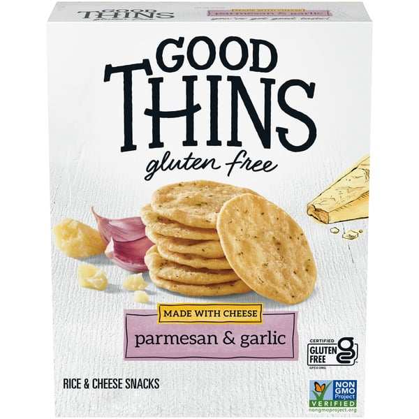 Chips & Pretzels GOOD THINS Parmesan & Garlic Rice & Cheese Snacks Gluten Free Crackers hero