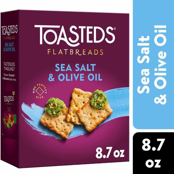 Crackers Toasteds Flatbreads Crackers, Party Snacks, Lunch Snacks, Sea Salt and Olive Oil hero