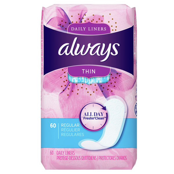 Feminine Care Always Thin Regular Daily Liners, 60 Count hero