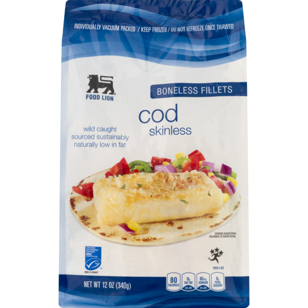 Frozen Fish Food Lion Cod, Skinless, Boneless, Fillets, Bag hero