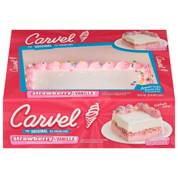 Carvel Ice Cream Sheet Cake, Strawberry And Vanilla Ice Cream With Strawberry Crunchies hero