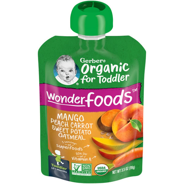 Baby Food & Formula Gerber Wonderfoods Mango Peach Carrot Sweet Potato Oatmeal Pouch hero