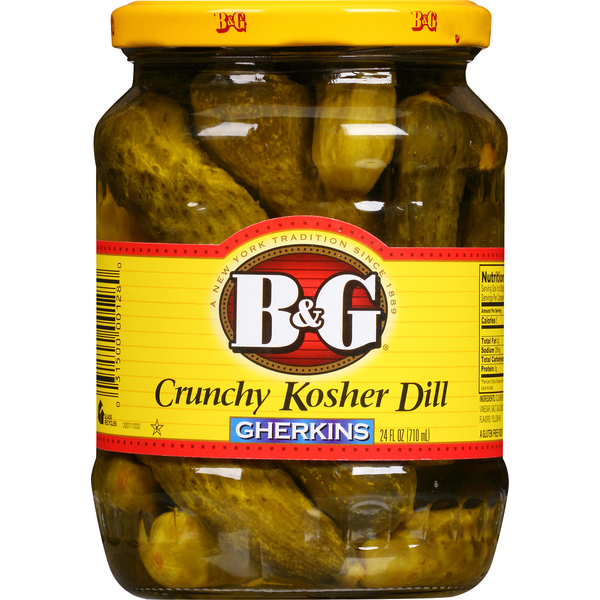 Pickles, Peppers & Olives B&G Kosher Dill, Crunchy, Gherkins hero