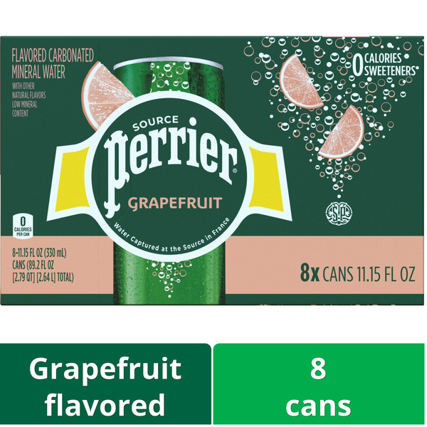 Perrier Pink Grapefruit Flavored Sparkling Water Sleek Cans hero