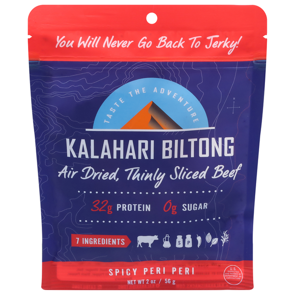 Popcorn & Jerky Kalahari Snacks Beef, Thinly Sliced, Air Dried, Spicy Peri Peri hero