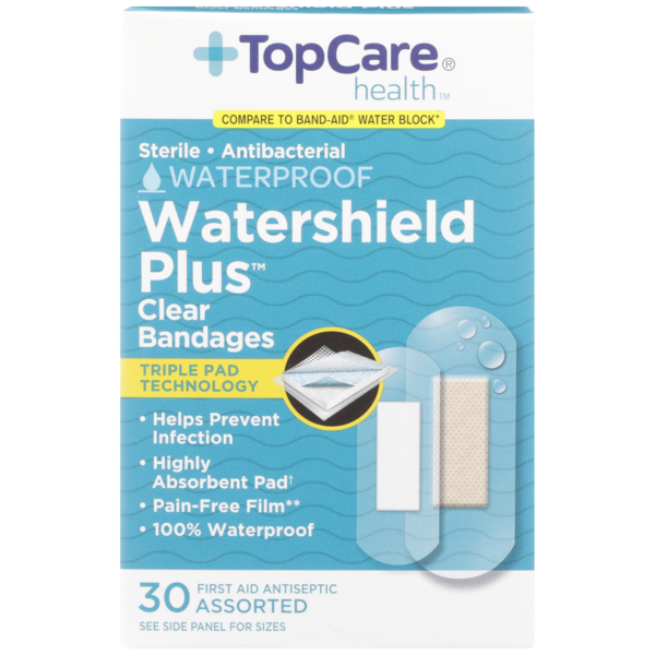 First Aid TopCare Watershield Plus, Sterile Antibacterial Waterproof First Aid Antiseptic Assorted Bandages, Clear hero