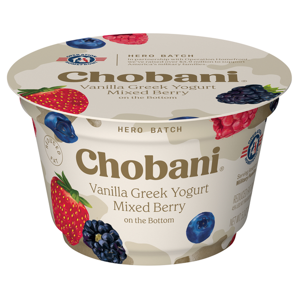 Yogurt Chobani Yogurt, Greek, Reduced Fat, Vanilla, Mixed Berry on the Bottom hero