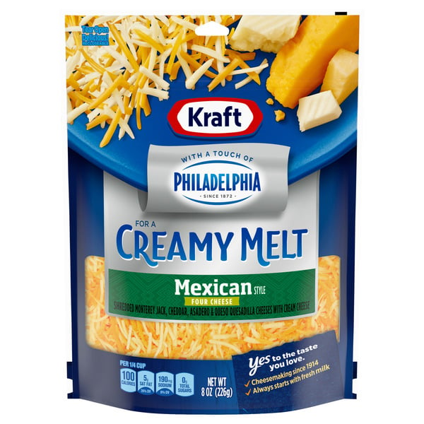 Packaged Cheese Kraft Mexican Style Four Cheese Blend Shredded Cheese with a Touch of Philadelphia hero