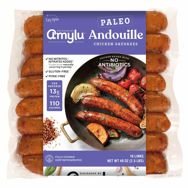 Hot Dogs, Bacon & Sausage Amylu ABF Paleo Andouille Chicken Sausages, 16 Links, 40 oz hero