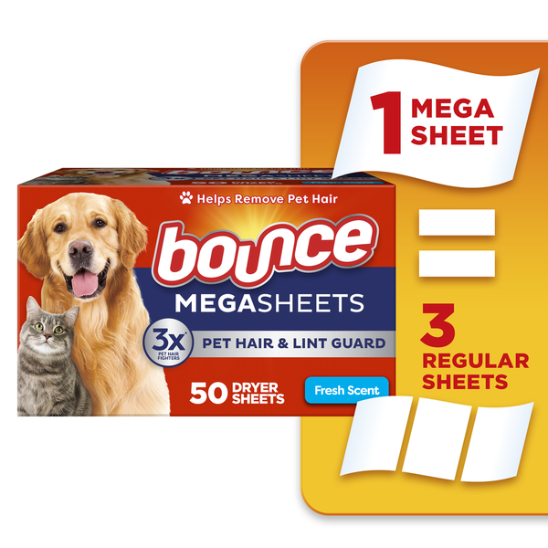 Laundry Bounce Pet Hair and Lint Guard Mega Dryer Sheets with 3X Pet Hair Fighters, Fresh Scent hero