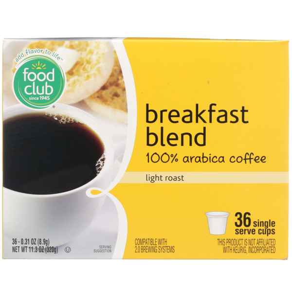 Coffee Food Club Light Roast Breakfast Blend 100% Arabica Coffee Single Serve Cups hero