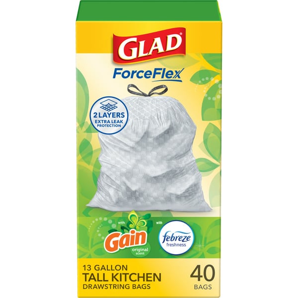 Food Storage Glad Drawstring Bags, Tall Kitchen, Gain Original Scent, 13 Gallon hero