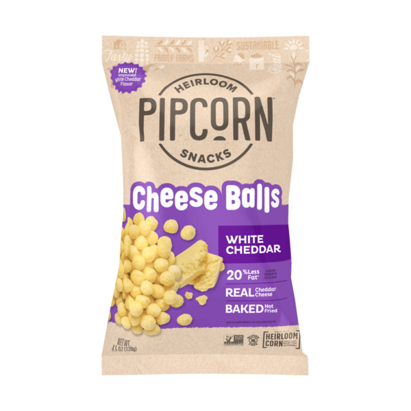 Chips & Pretzels Pipcorn Heirloom Snacks Cheese Balls, White Cheddar hero