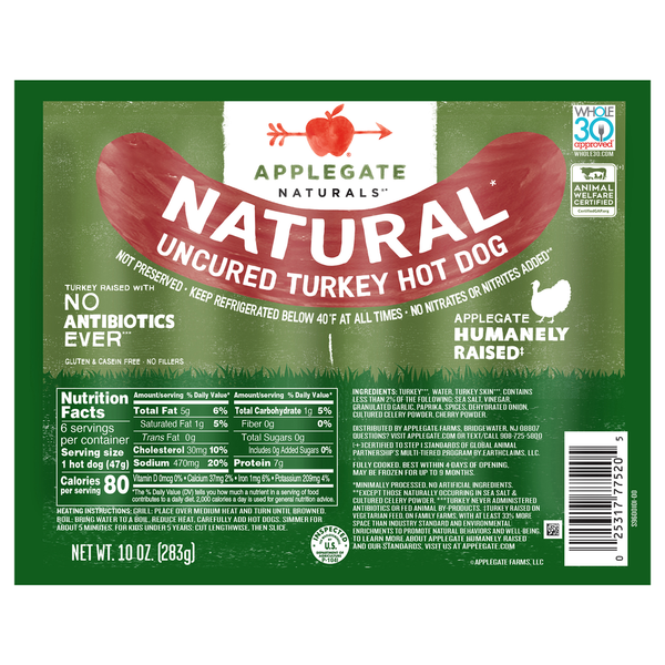 Hot Dogs, Bacon & Sausage Applegate Naturals  Natural Uncured Turkey Hot Dog hero