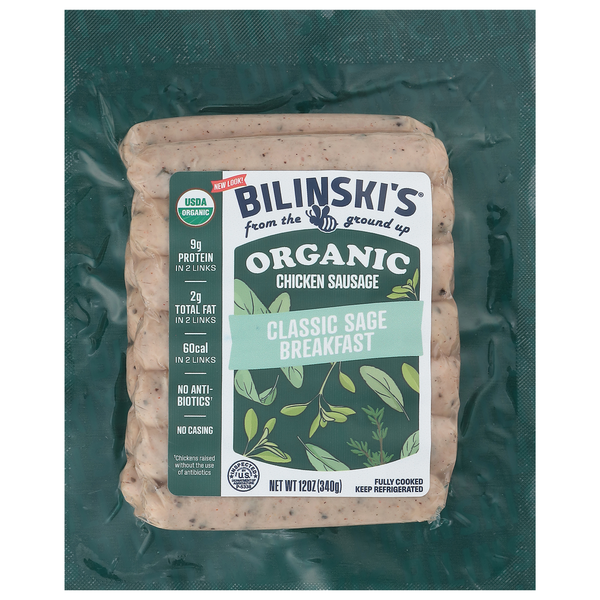 Hot Dogs, Bacon & Sausage Bilinski's Chicken Sausage, Organic, Classic Sage Breakfast hero