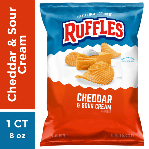 Snacks Ruffles Potato Chips, Cheddar & Sour Cream Flavored hero