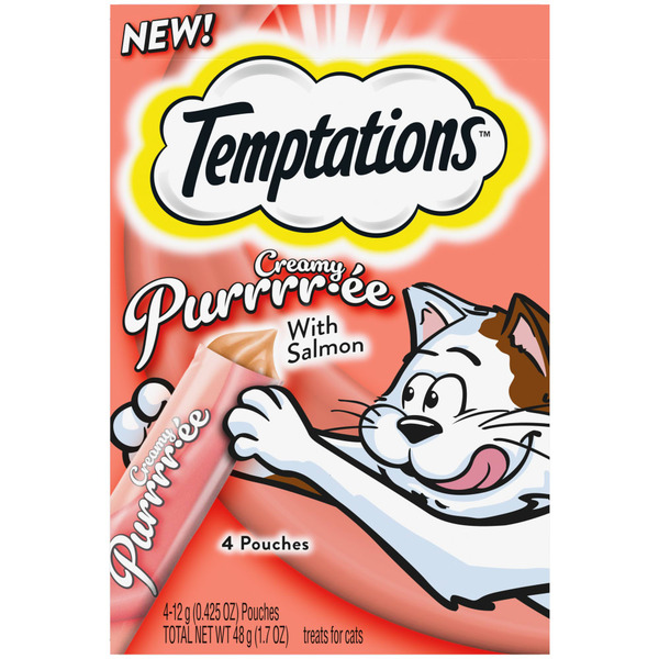 Cat Food TEMPTATIONS Creamy Puree with Salmon Lickable Squeezable Cat Treats hero