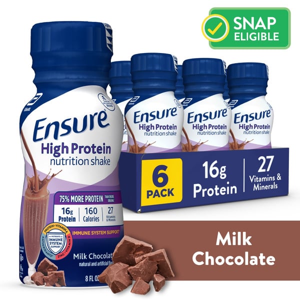 Protein & Meal Replacements Ensure High Protein Nutrition Shake Milk Chocolate Ready-to-Drink Bottles hero