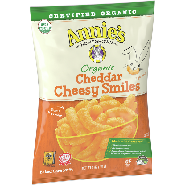 Chips & Pretzels Annie's Organic Cheddar Cheesy Smiles Baked Corn Puffs hero