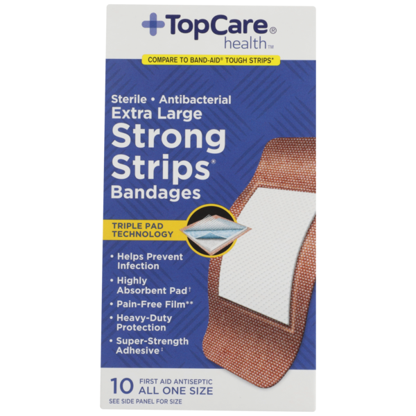 First Aid TopCare Strong Strips, Sterile Antibacterial First Aid Antiseptic All One Size Extra Large Bandages hero