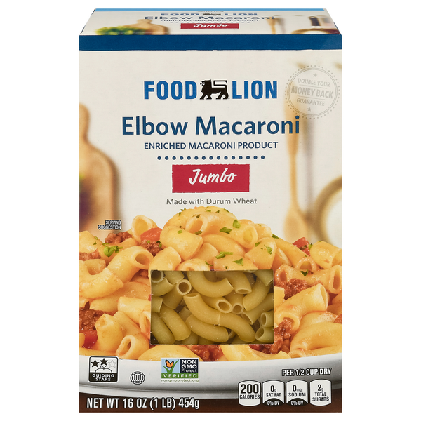 Dry Pasta Food Lion Macaroni, Enriched, Elbow, Jumbo, Classic, Box hero