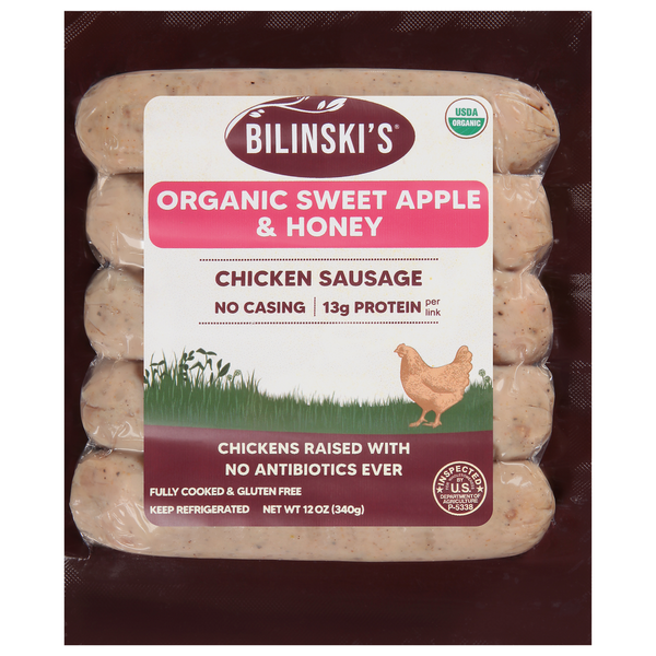 Hot Dogs, Bacon & Sausage Bilinski's Chicken Sausage, Organic, Sweet Apple & Honey hero