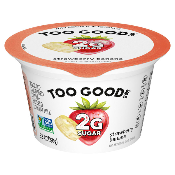 Yogurt Too Good & Co. Strawberry Banana Flavored Low Fat Greek Yogurt Cultured Product Cup hero