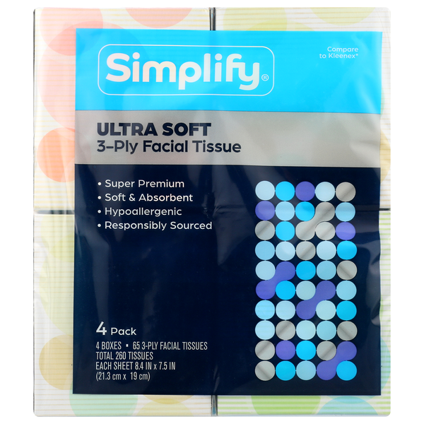 Simplify Ultra Soft Facial Tissue 65Ct 4 Pack hero