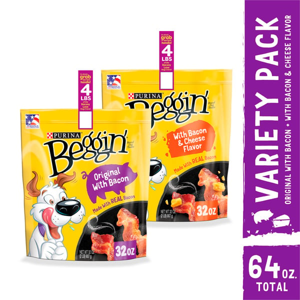 Dog Food & Care Purina Beggin' Strips Real Meat Dog Treats Variety Pack, Bacon With Bacon & Cheese Flavors hero