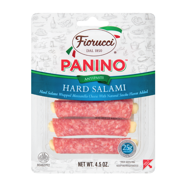 Deli Packaged Specialty Meat Fiorucci Hard Salami Wrapped Mozzarella Cheese Panino,  Easy to Open Packets,  Resealable Package hero