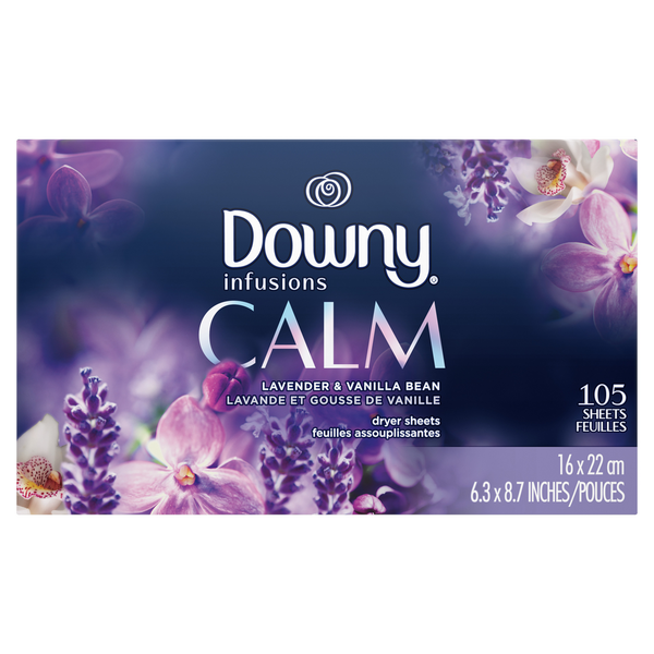 Laundry Downy Infusions Fabric Softener Dryer Sheets, Calm, Lavender & Vanilla Bean, 105 count hero