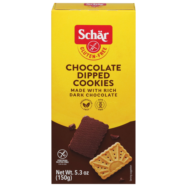 Cookies & Cakes Schär Cookies, Gluten-Free, Chocolate Dipped hero