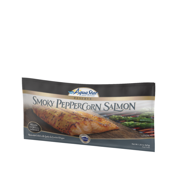 Packaged Seafood Aqua Star Smoky Peppercorn Salmon, whole fillet hero