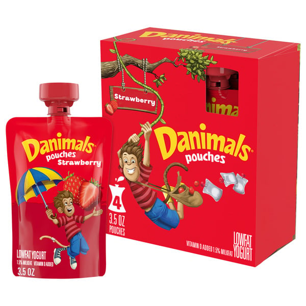 Yogurt Danimals Pouches Strawberry Squeezable Low Fat Yogurt, Easy Snacks for Kids, 4 Ct, 3.5 OZ Yogurt Pouches hero