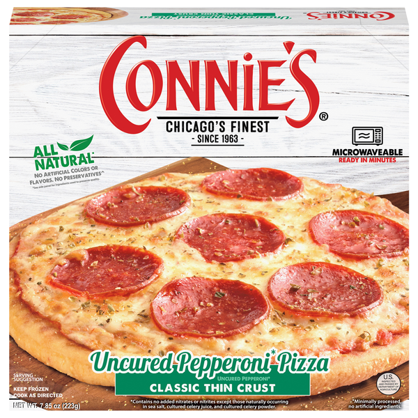 Lunch Meat Connie's Pizza Pizza, Classic Thin Crust, Uncured Pepperoni hero