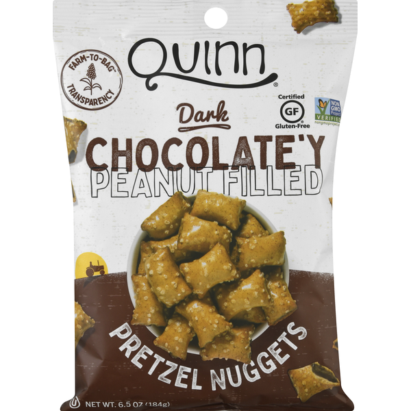 Chips & Pretzels Quinn Snacks Pretzel Nuggets, Dark Chocolate'y Peanut Filled hero