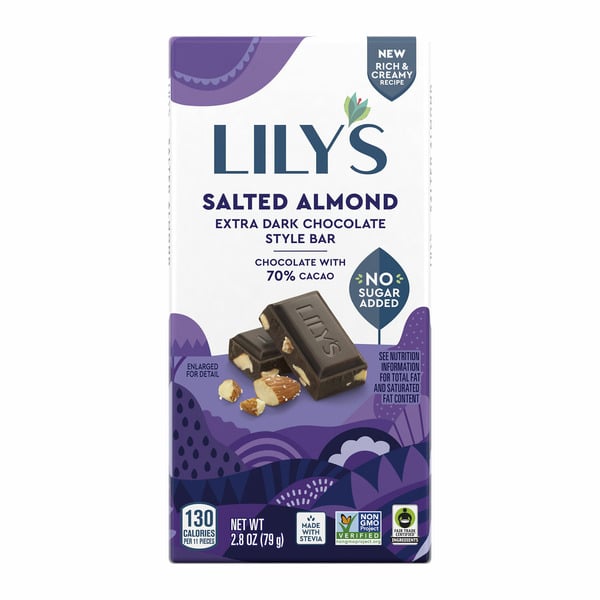 Candy & Chocolate Lily's Salted Almond Extra Dark Chocolate Style No Sugar Added Sweets hero