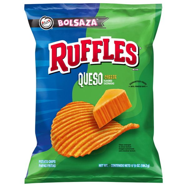 Chips & Pretzels Ruffles Potato Chips, Queso Cheese hero