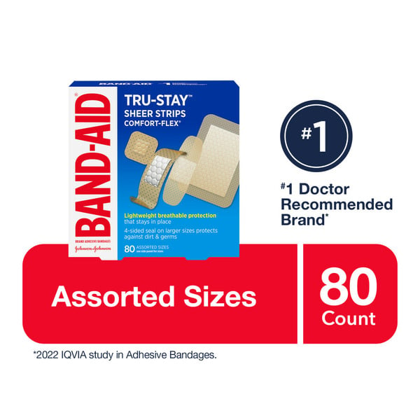 First Aid BAND-AID Tru-Stay Sheer Strips Comfort-Flex Adhesive Bandages Assorted Sizes hero