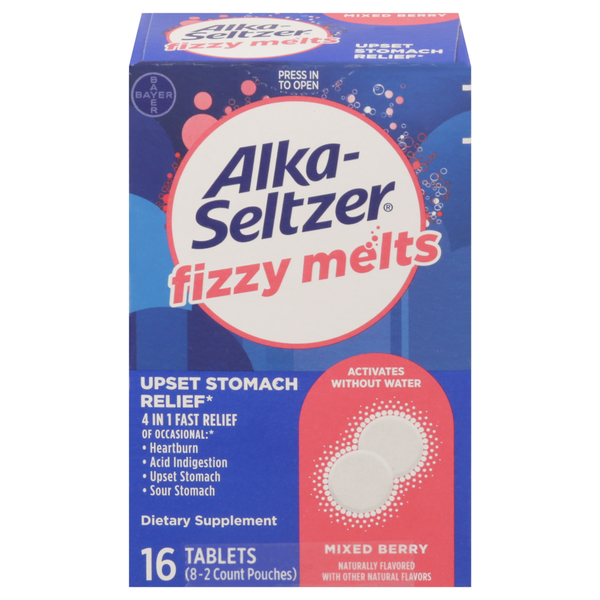 Alka-Seltzer Upset Stomach Relief, 4 in 1, Fizzy Melts, Tablets, Mixed Berry hero